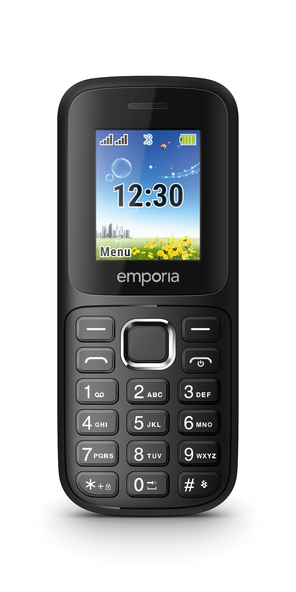 Frontale Ansicht des emporia FN313 Tastenhandy mit eingeschaltetem Display