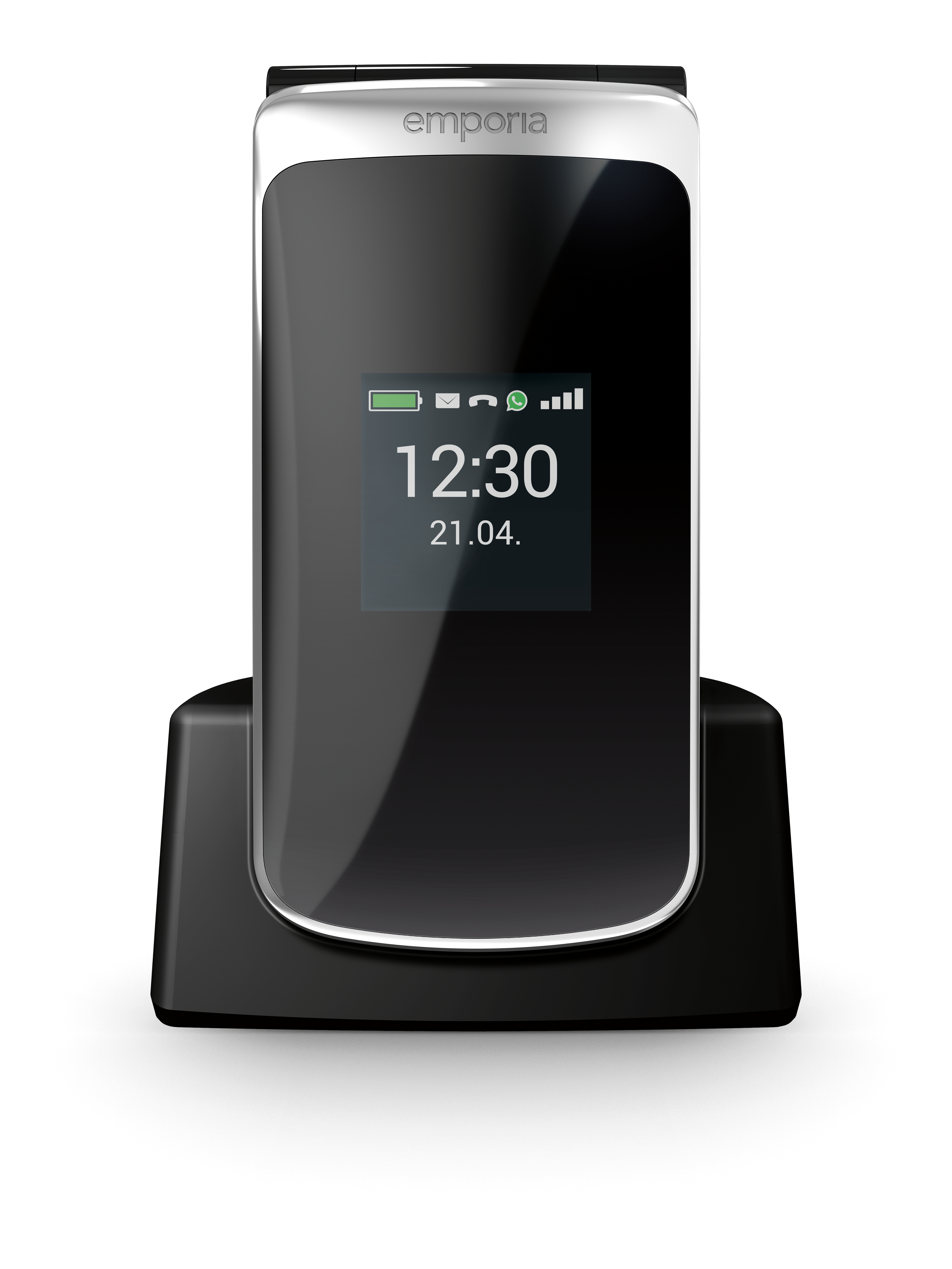 Zugeklapptes emporia TOUCHsmart.2 in emporia Ladeschale. Das Display vorne zeigt Uhrzeit und Datum.